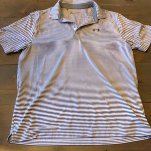Under Armour Heat Gear, Loose L, Grey and White Striped.